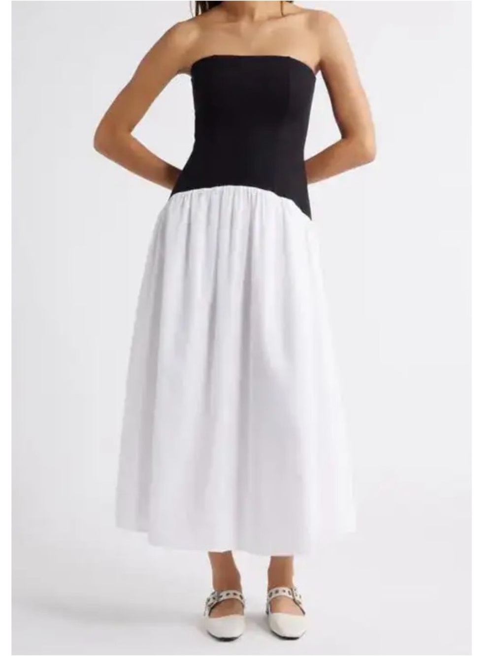 NEW Open Edit Curves Waist Strapless Maxi Dress Mixed Media Black White Size XS